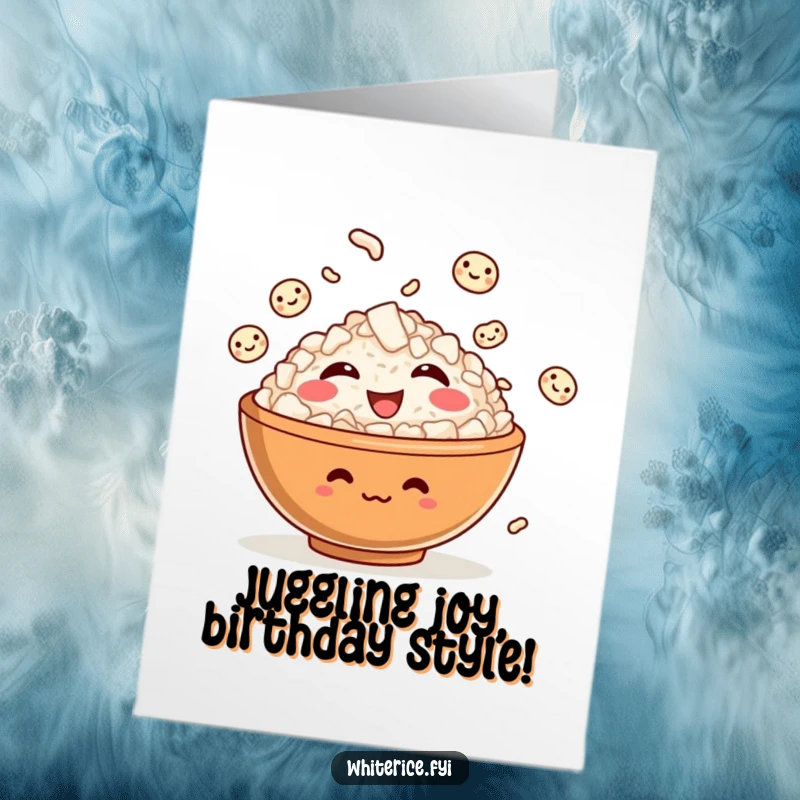 Funny Free Printable Birthday Card of a giggling rice bowl character joyfully juggling smiling rice grains.
