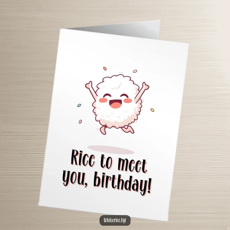 Funny Free Printable Birthday Card featuring a delighted single grain of white rice performing a triumphant leap, ready to celebrate.