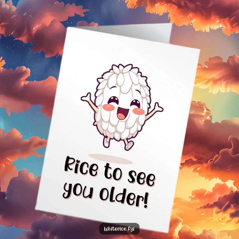 Funny Free Printable Birthday Card: Cheerful white rice grain comically leaping with joy, perfect for a fun digital gift.