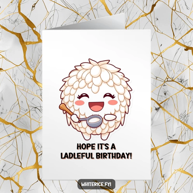 Funny Free Printable Birthday Card: A joyful rice character with a huge smile holds a tiny ladle.
