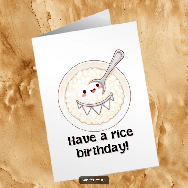 Funny Free Printable Birthday Card: A plate of white rice serving as a drum, with a tiny spoon enthusiastically playing a beat.