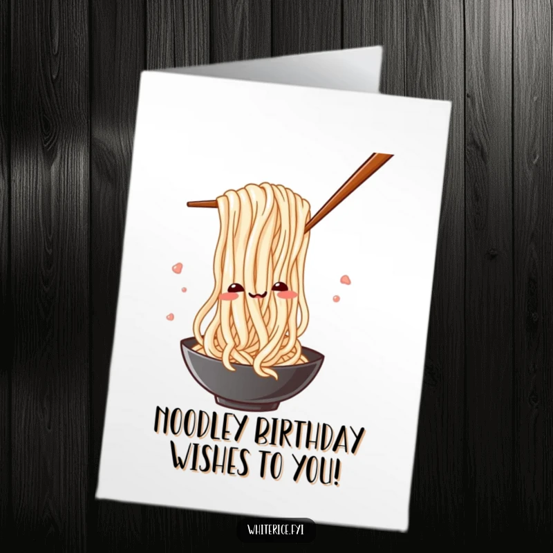 Funny Free Printable Birthday Card: A silly rice noodle comically tangled in chopsticks, perfect for a foodie's birthday.