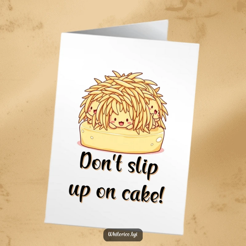 Funny Free Printable Birthday Card showing a confused clump of rice characters hilariously slipping and sliding on butter.