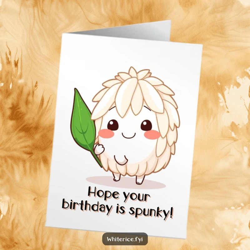 Funny Free Printable Birthday Card: Smiling rice character doing a happy spin with a jaunty leaf.