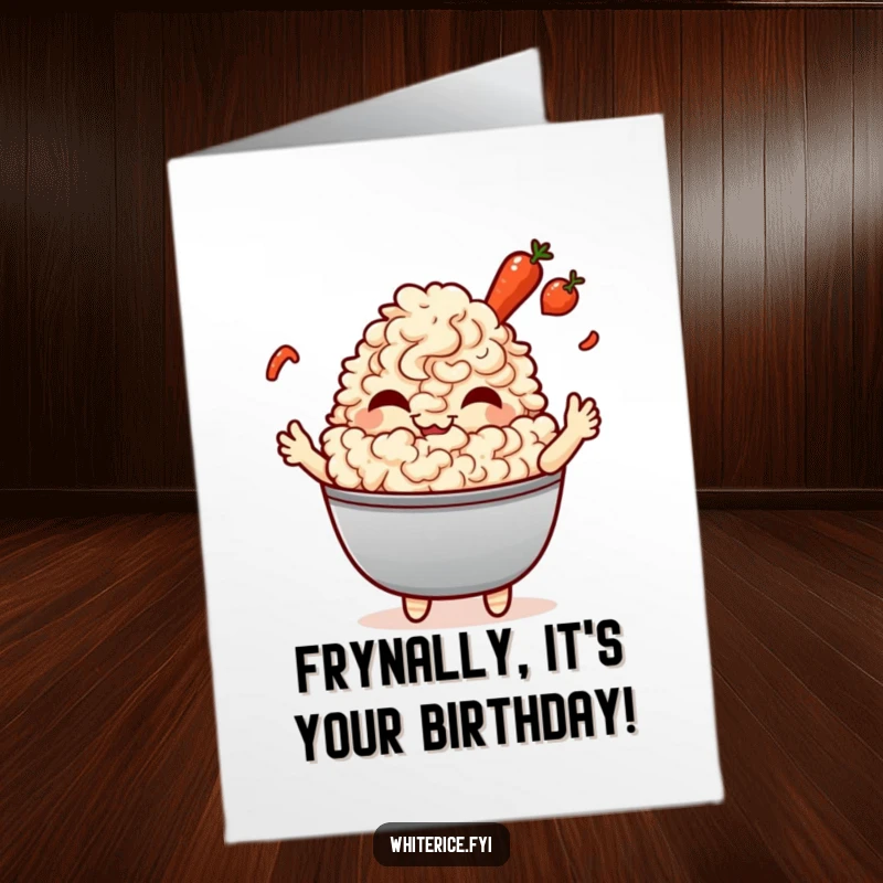 Funny Free Printable Birthday Card: A giggling Kawaii fried rice character joyfully tossing tiny, colorful vegetables in the air.