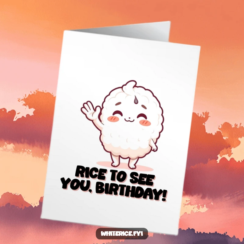 Funny Free Printable Rice character waving hello joyfully, perfect for a unique birthday greeting card, downloadable and printable.