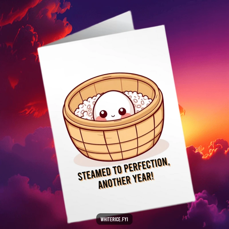 Funny Free Printable Birthday Card: A curious grain of rice peeks shyly from a steaming bamboo basket, ready to deliver birthday wishes.