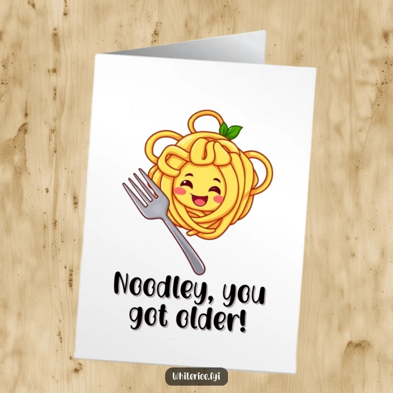 Funny Free Printable birthday card featuring a joyful yellow noodle character happily twirling around a fork with a wide, infectious smile.