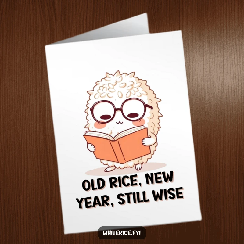 Funny Free Printable Rice Birthday Card: a bewildered ball of rice wearing glasses and engrossed in a large book.