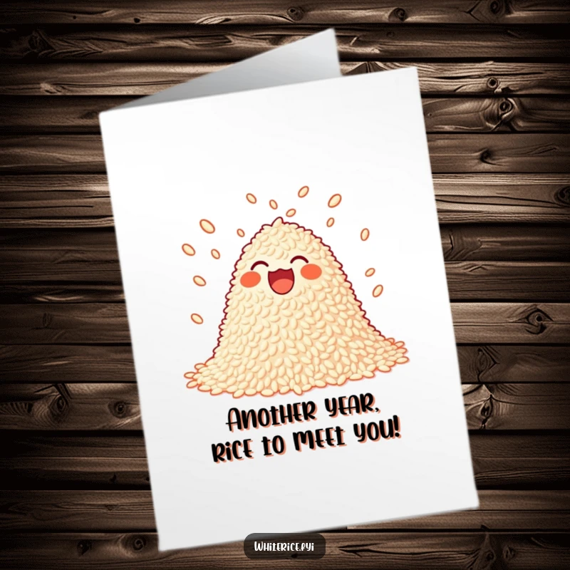 Funny free printable birthday card showing a joyful pile of rice playfully juggling smaller grains with a smile.