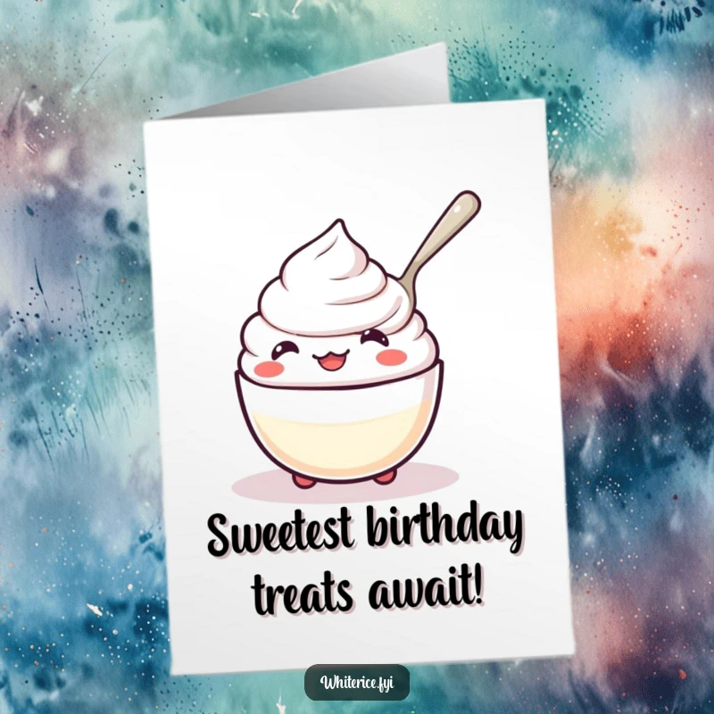 Funny Free Printable Birthday Card: Kawaii rice pudding contentedly spooning itself, a unique and humorous birthday wish.