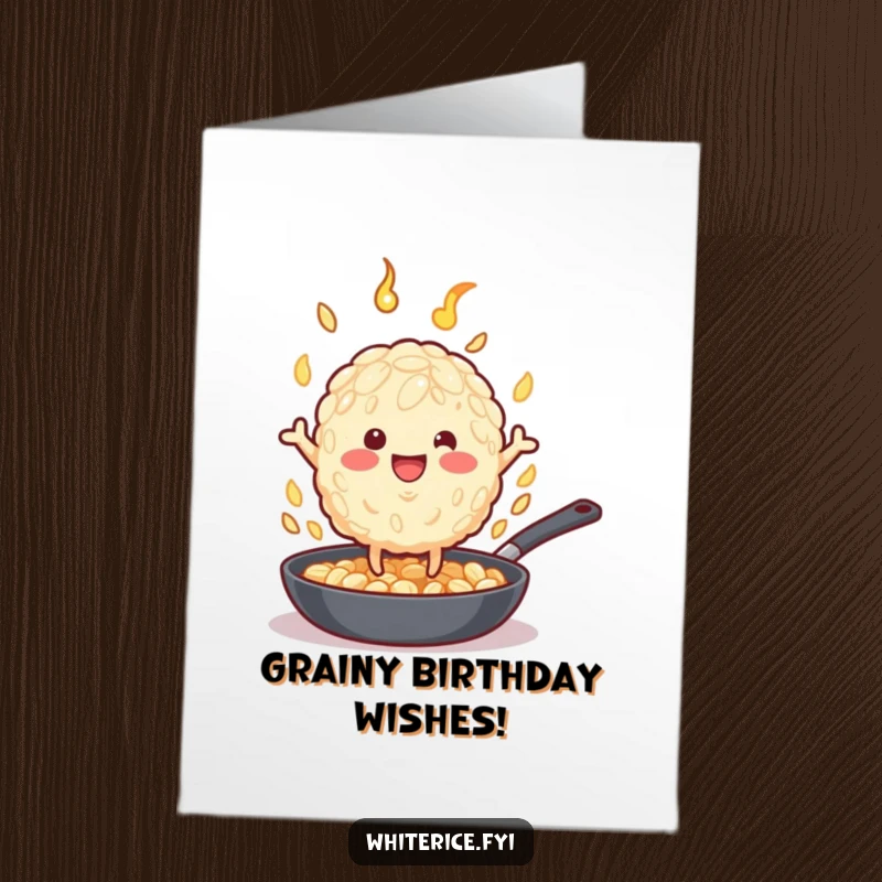 Funny Free Printable Birthday Card: A beige rice grain with legs joyfully flips in a hot pan.