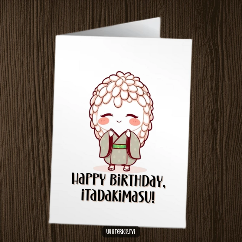 Funny Free Printable Birthday Card: A smiling rice grain in a tiny kimono bows politely, offering birthday greetings.