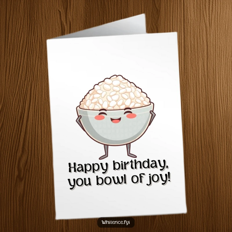 Funny free printable birthday card featuring a smiling bowl of rice on tiny legs striking a proud pose.