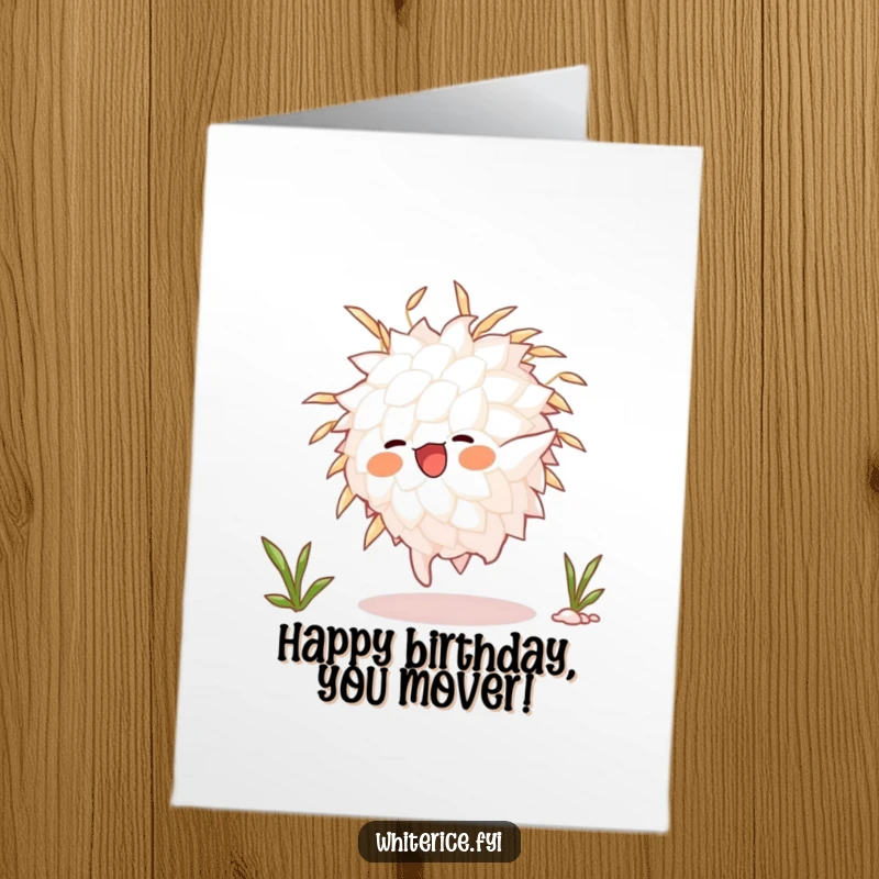 Funny Free Printable Birthday Card: Animated white rice grain performing a lively somersault, celebrating with athletic joy.