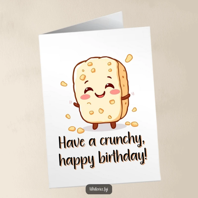 Funny Free Printable Birthday Card: A cheerful rice cracker character making a happy crunch sound.