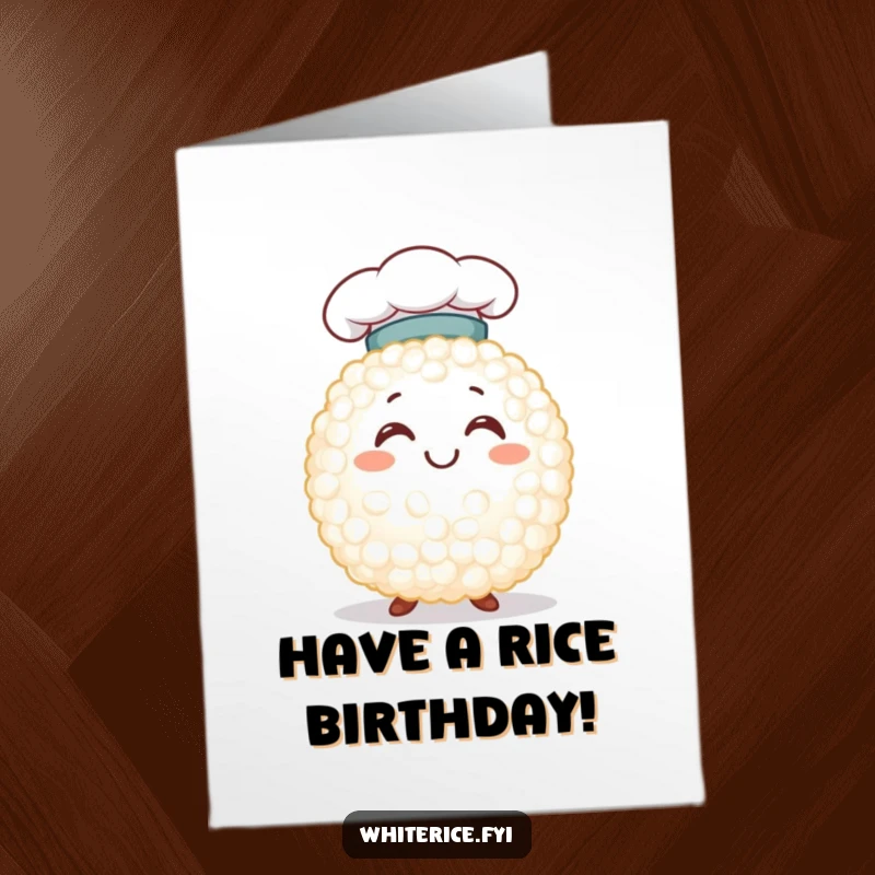 Funny Free Printable Birthday Card: Smiling white rice grain wearing a tiny chef hat, ready to whip up birthday wishes.