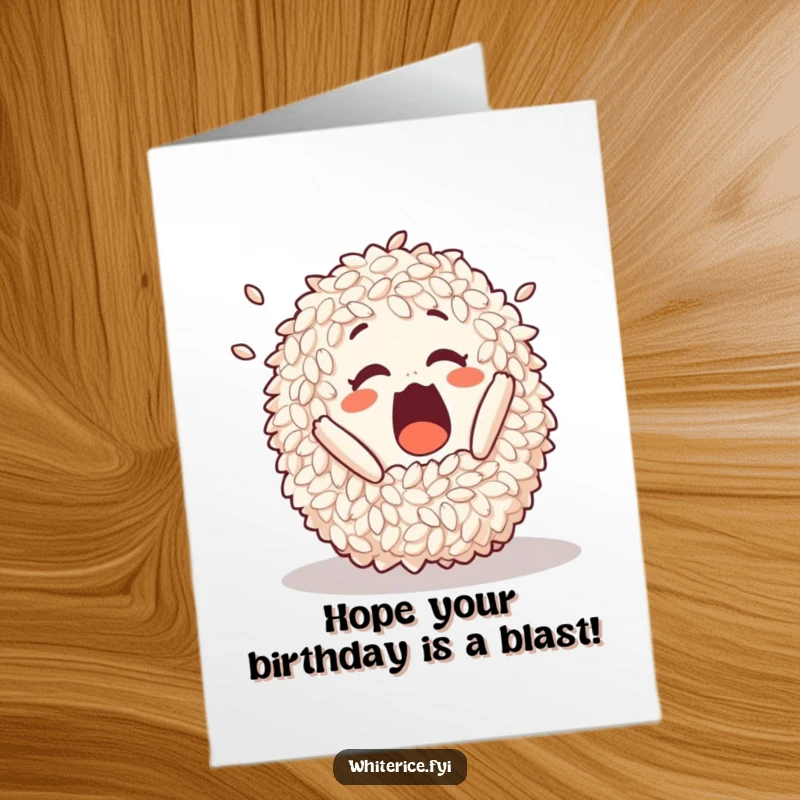 Funny free printable birthday card with a wide-eyed pile of rice playfully tumbling with excitement.