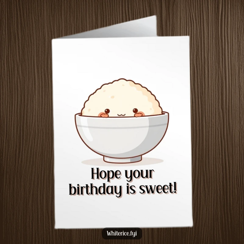 Funny Free Printable Birthday Card: A shy rice cake blushing while peeking from behind a bowl, cute and funny.