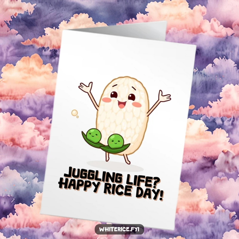 Funny free printable birthday card: a joyous rice grain character expertly juggling three tiny peas, celebrating with glee.