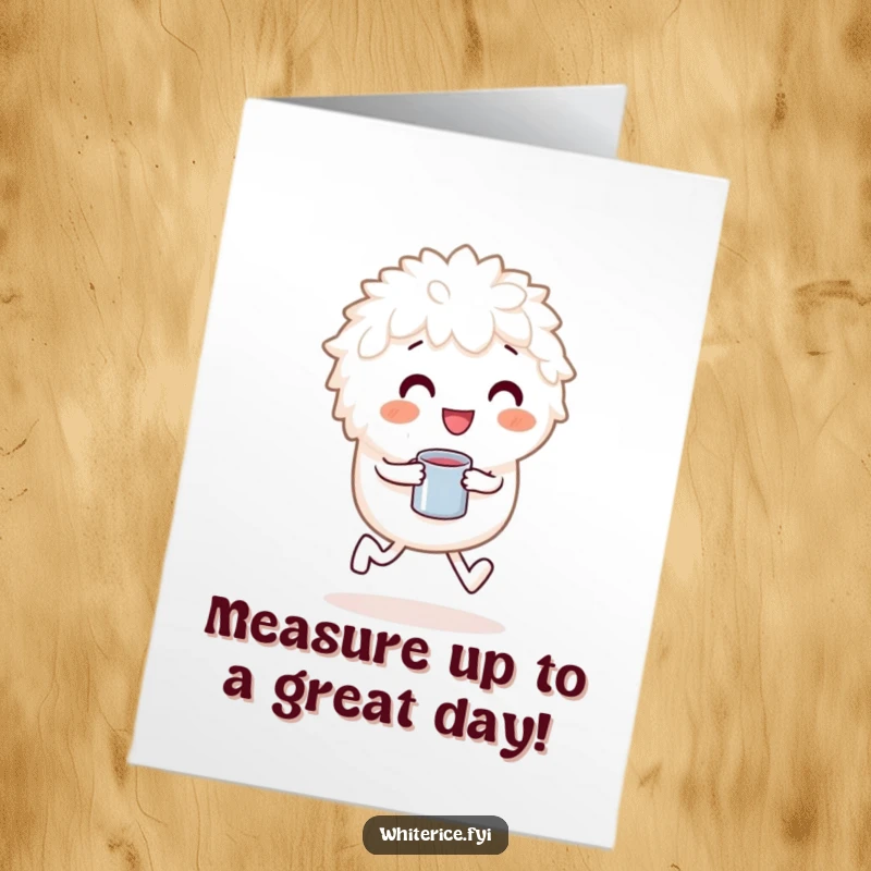 Funny free printable birthday card: a playful white rice character happily skipping with a tiny measuring cup, embracing the fun.