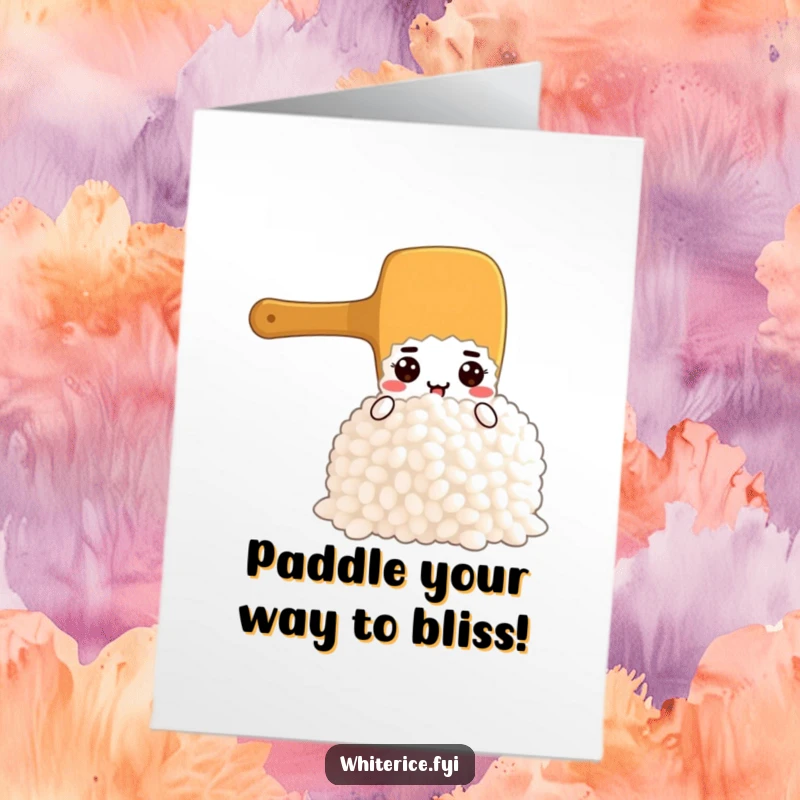 Funny Free Printable Birthday Card featuring a determined rice paddle character scooping a big pile of rice.