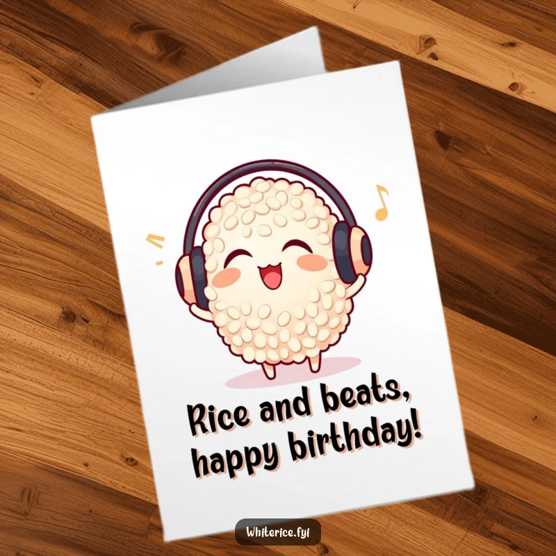 Funny Free Printable Birthday Card: A delighted grain of rice wears tiny earmuffs, bopping its head to music, wishing a happy birthday.