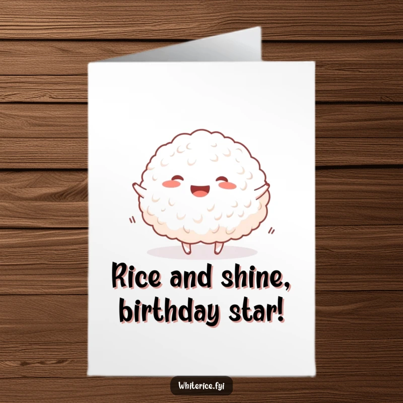 Funny free printable birthday card showing a happy mound of white rice joyfully bouncing with delight.