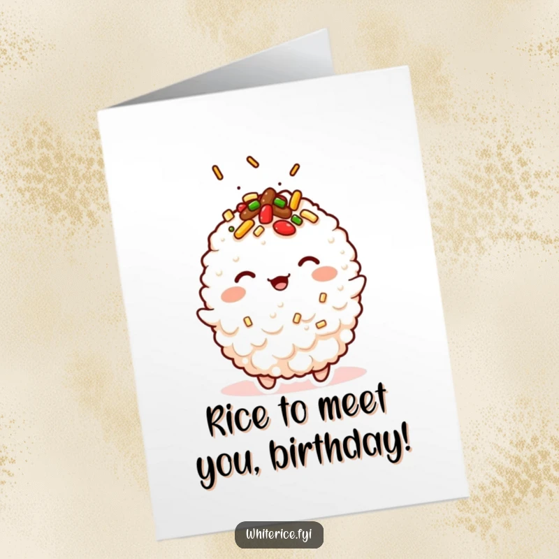 Funny Free Printable Birthday Card: Kawaii fried rice character winking playfully with yummy toppings for a birthday.