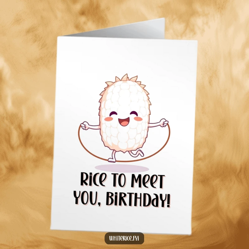 Funny Free Printable birthday card: a happy anthropomorphic rice grain joyfully jumps rope, fitness theme.