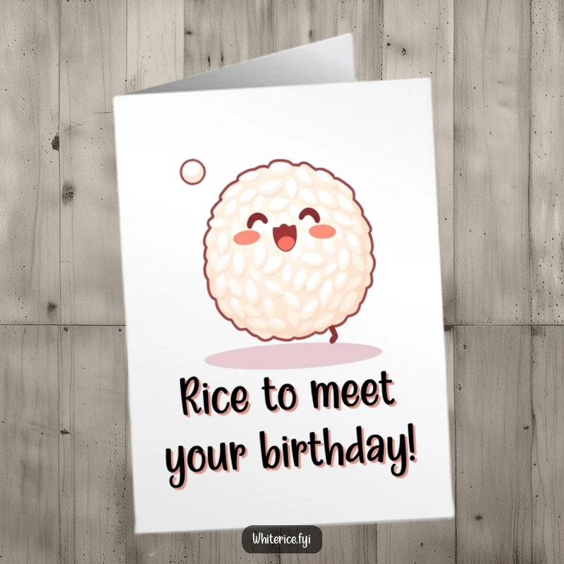 Funny Free Printable Birthday Card: Happy grain of white rice joyfully bouncing a tiny ball, ready to celebrate.