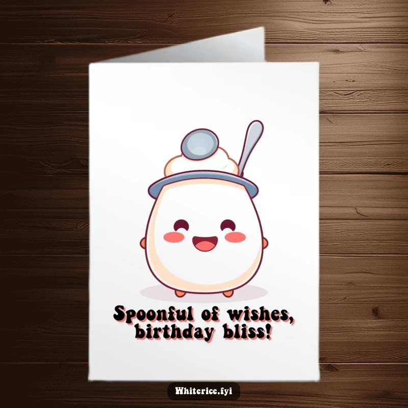 Funny Free Printable Birthday Card: Jovial rice pudding wearing a tiny spoon hat, ready to celebrate with a smile.