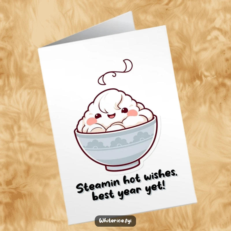 Funny free printable birthday card featuring a happy Kawaii rice bowl character steaming with joy, ready to celebrate.