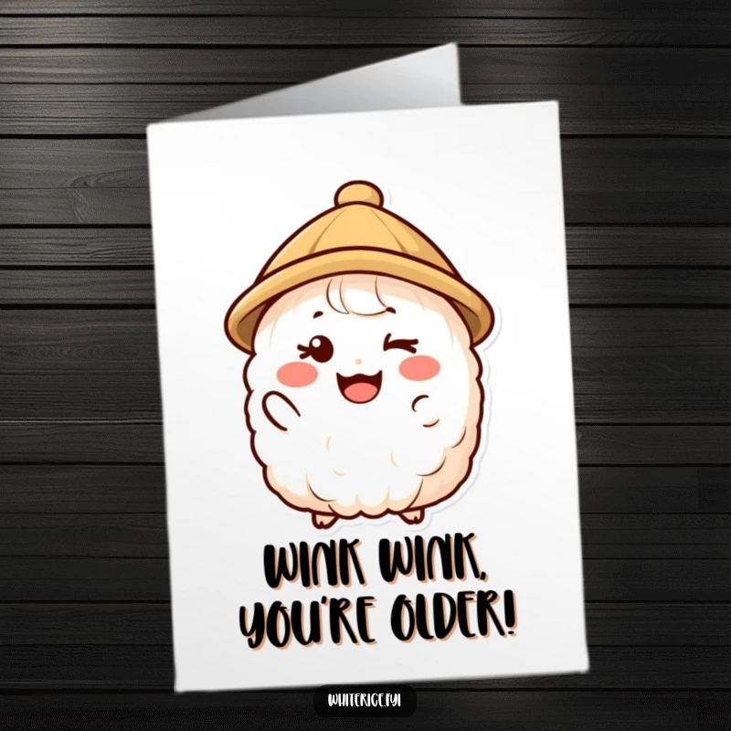 Funny Free Printable Birthday Card: Happy rice character in a small hat giving a charming wink.