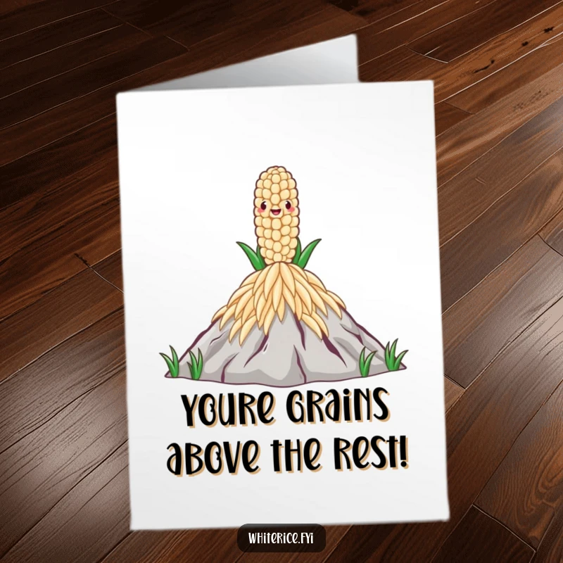 Funny Free Printable Birthday Card: A proud rice grain stands triumphantly atop a vast mountain of rice, celebrating a big day.