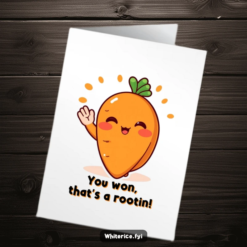 Funny Free Printable congratulations card with a blushing orange carrot slice character cheerfully waving while serving a perfect portion, signifying success.