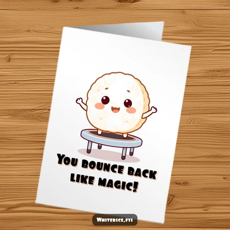 Funny Free Printable Congrats Card: A rice cake gleefully bouncing like a trampoline, celebrating success with humor.