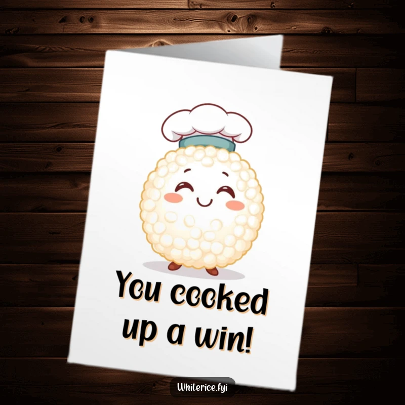 Funny Free Printable Congratulations Card: Smiling white rice grain in a chef hat, celebrating success with culinary flair.