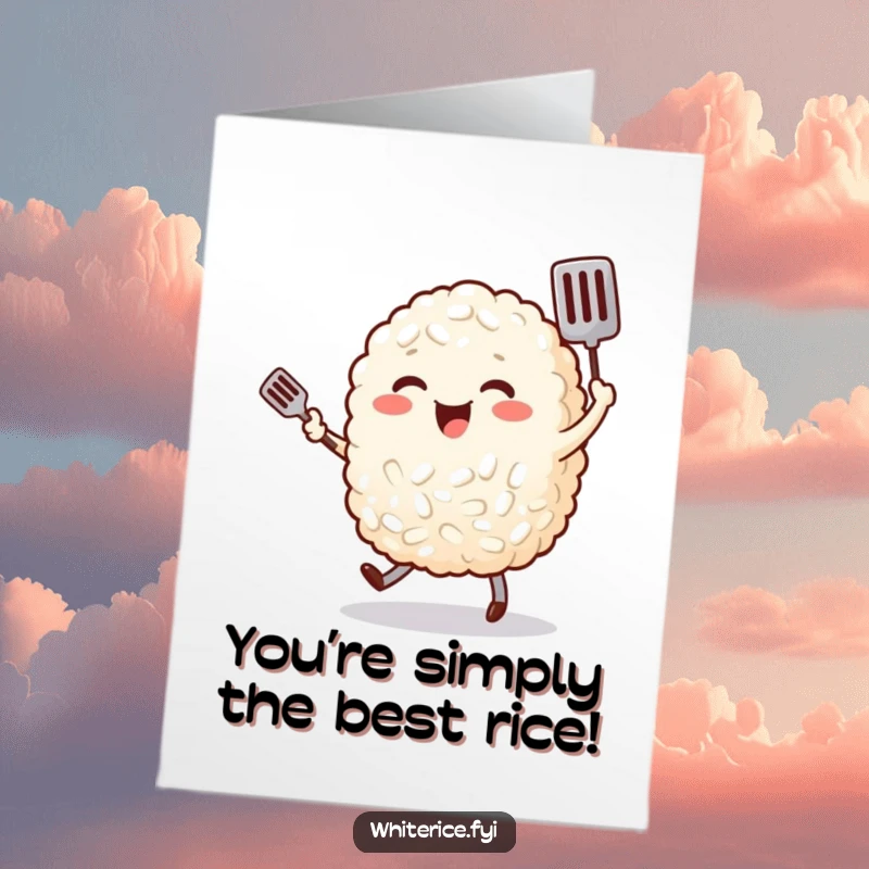 Funny Free Printable Congratulations Card: Cheerful rice character dances with a spatula, celebrating success.