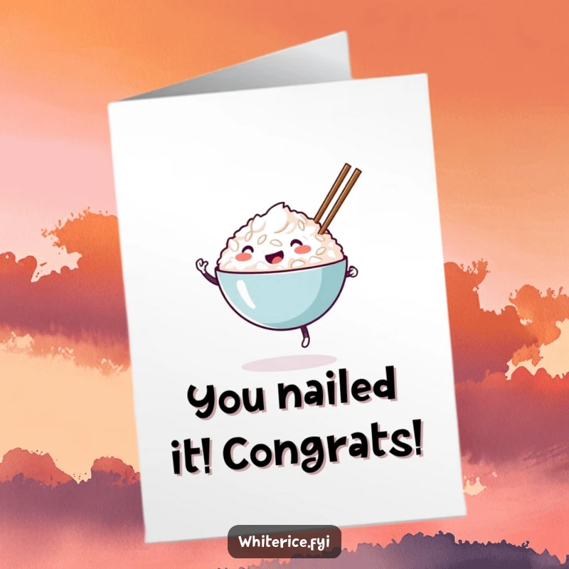 Funny Free Printable Congratulations Card: A happy rice bowl character dances energetically with chopsticks, celebrating success.