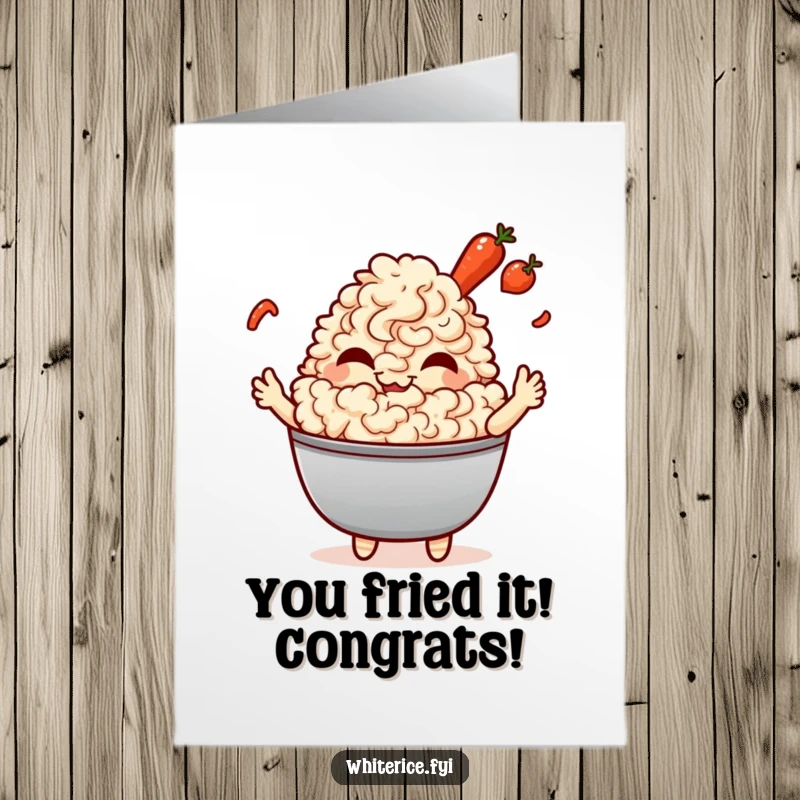 Funny Free Printable Congrats Card: A happy Kawaii fried rice character tossing small vegetables, celebrating accomplishments.