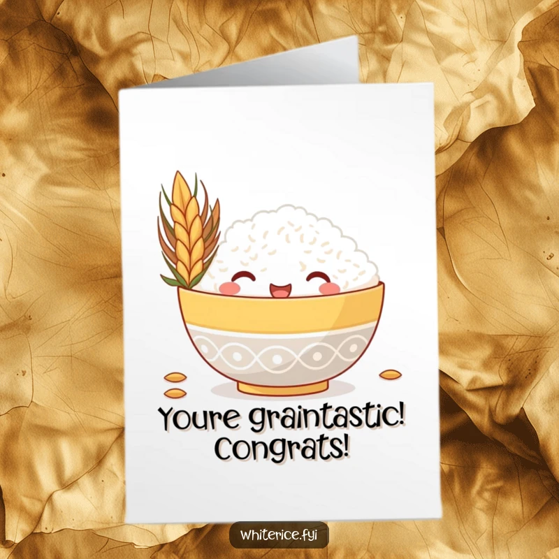 Funny Free Printable Congratulations Card showing a happy rice bowl peeking around a large grain, celebrating your success with glee.