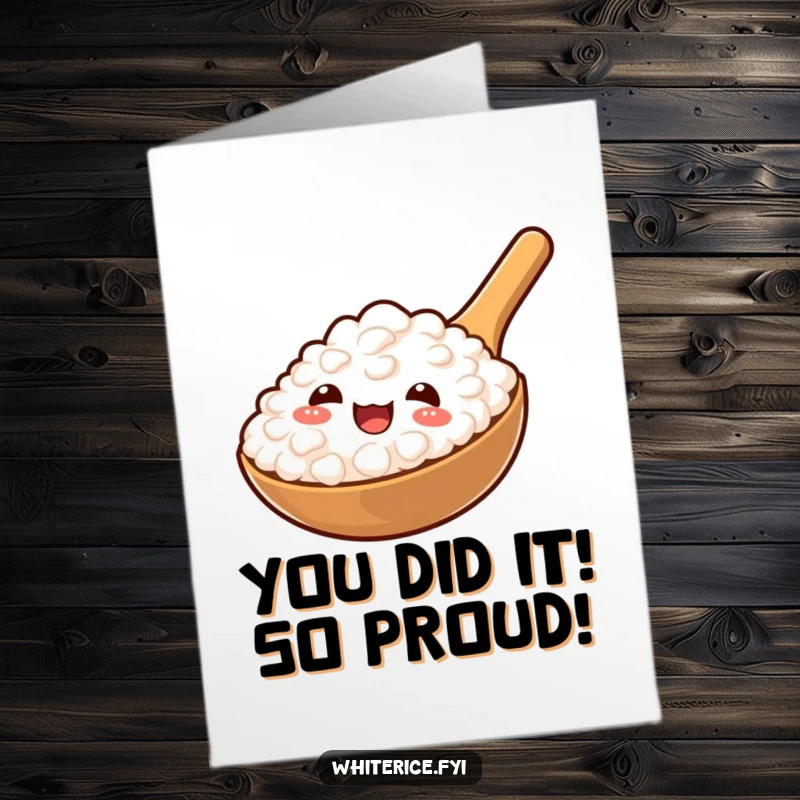 Funny free printable congratulations card showing a happy rice paddle offering a tasty spoonful of rice.
