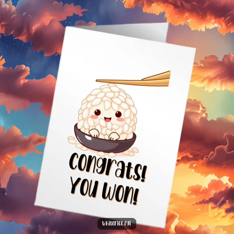 Funny Free Printable Congratulations Card: Charming white rice grain peeking from under a chopstick, celebrating a successful moment.