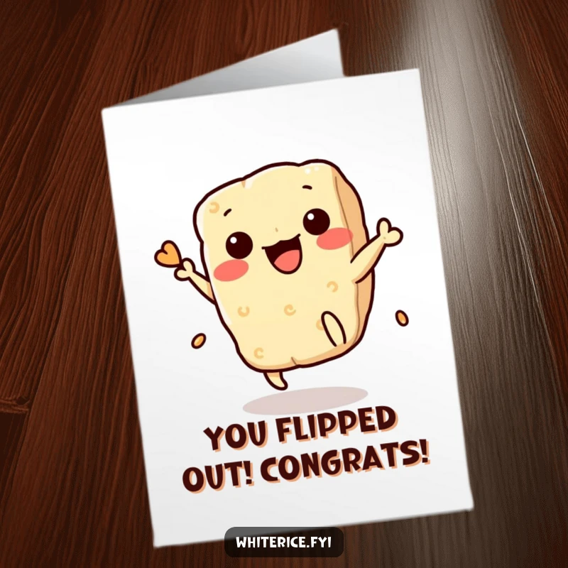 Funny Free Printable Congrats Card: A happy Kawaii rice cracker executing a celebratory flip, cheering on success.