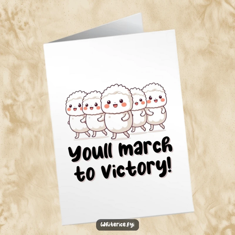 Funny Free Printable congratulations card: a cheerful group of white rice characters marches in a neat line, inspired.