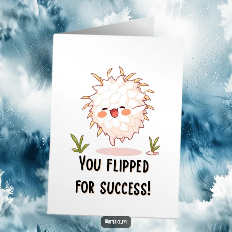 Funny Free Printable Congratulations Card: Animated white rice grain mid-somersault, celebrating a fantastic success with flair.