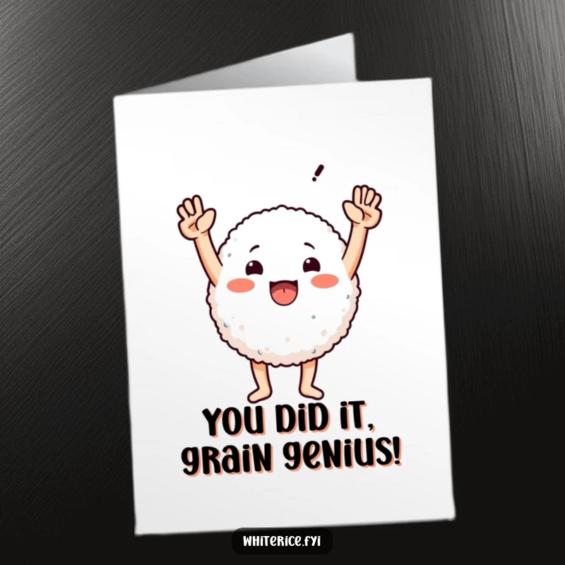 Funny Free Printable Congrats Card: Celebrating success with a triumphant rice character raising arms in joy.