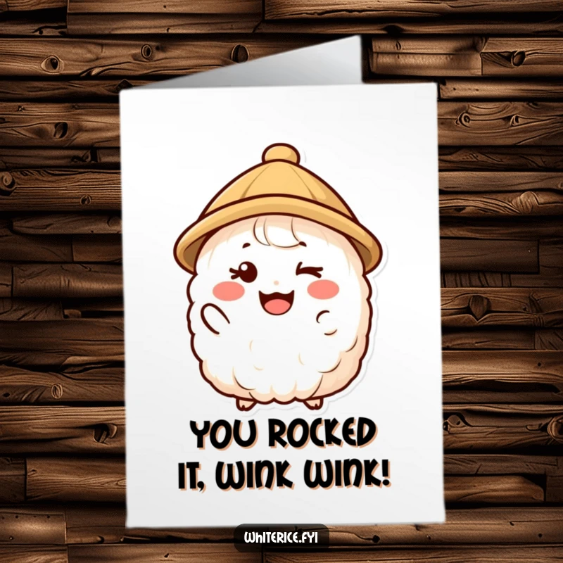 Funny Free Printable Congrats Card: A happy rice character with a jaunty hat winks playfully.