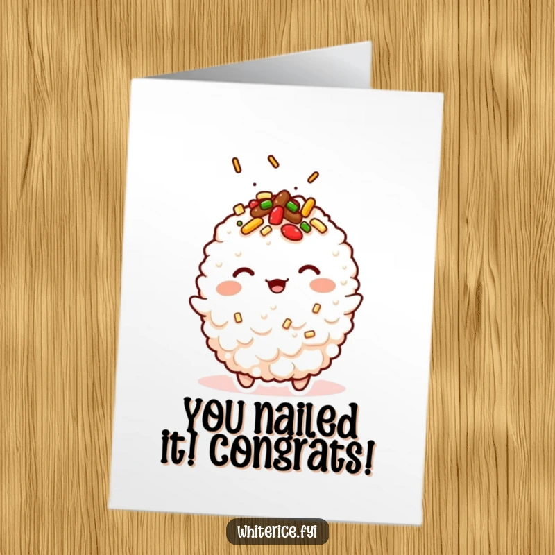 Funny Free Printable Congratulations Card: A charming kawaii fried rice character winking, celebrating achievements.